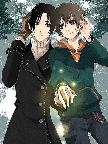 00s, 2boys, black_hair, lowres, male_focus, multiple_boys, nabari_no_ou, rokujo_miharu