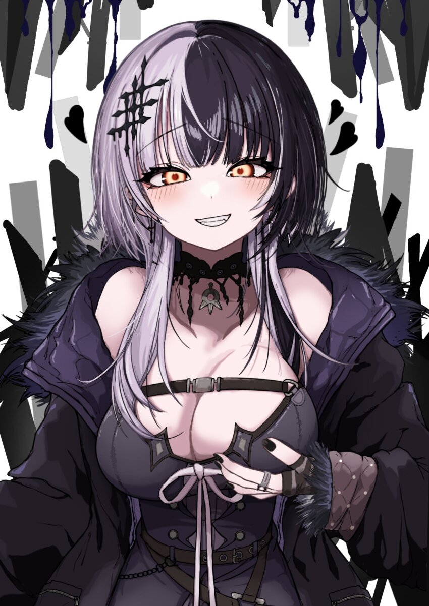 1girl, belt, black_belt, black_choker, black_dress, black_hair, black_jacket, black_nails, blush, breasts, chest_belt, choker, dress, fingernails, fur-trimmed_jacket, fur_trim, grabbing_own_breast, grey_hair, grin, hair_ornament, heart, highres, hololive, hololive_english, jacket, jewelry, kukkiy-san, large_breasts, long_fingernails, long_hair, long_sleeves, looking_at_viewer, multicolored_hair, nail_polish, open_clothes, open_jacket, pendant_choker, raised_eyebrows, ring, shiori_novella, shiori_novella_(1st_costume), smile, solo, split-color_hair, two-tone_hair, upper_body, virtual_youtuber, yellow_eyes