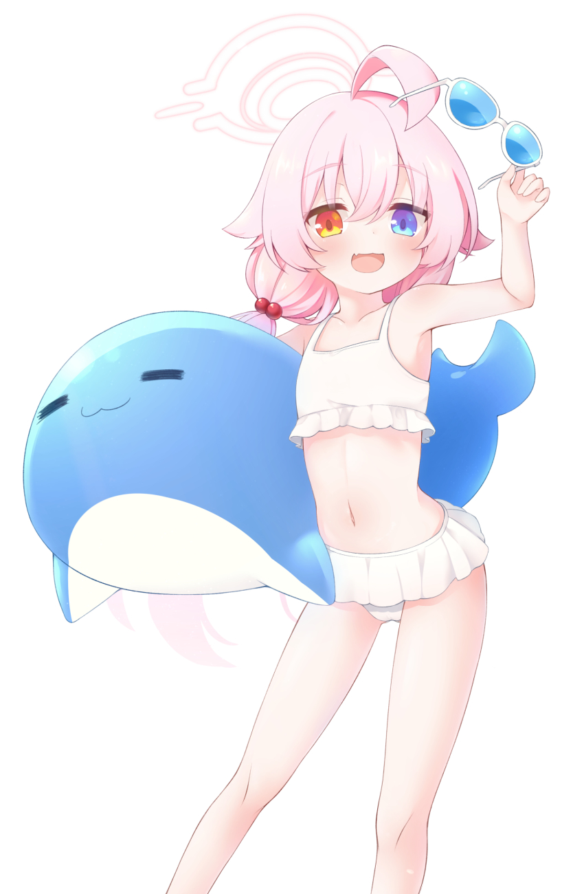 1girl, :3, :d, absurdres, ahoge, bare_shoulders, bikini, blue-tinted_eyewear
