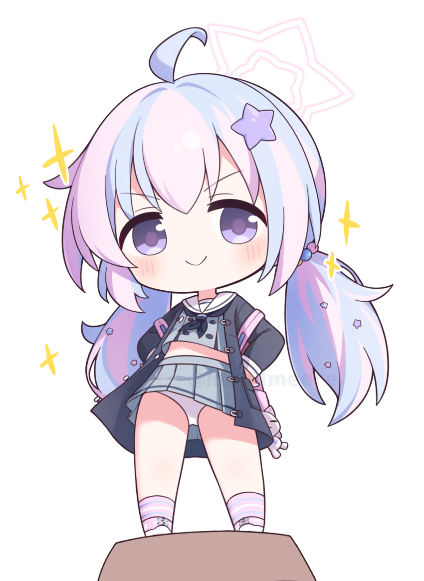 >:), 1girl, ahoge, backpack, bag, beads, black_jacket, blue_archive, blue_hair, blush, chibi, chibi_only, closed_mouth, commentary, from_below, full_body, grey_serafuku, grey_shirt, grey_skirt, hair_beads, hair_between_eyes, hair_intakes, hair_ornament, halo, hands_on_own_hips, highres, jacket, long_sleeves, looking_at_viewer, midriff, miniskirt, multicolored_hair, open_clothes, open_jacket, panties, pantyshot, pink_bag, pink_hair, pink_halo, pink_socks, pleated_skirt, reisa_(blue_archive), rnond, sailor_collar, school_uniform, serafuku, shirt, sidelocks, simple_background, skirt, smile, smug, socks, solo, sparkle, standing, star_(symbol), star_hair_ornament, star_halo, streaked_hair, striped_clothes, striped_socks, tareme, two-tone_hair, underwear, upskirt, v-shaped_eyebrows, watermark, white_background, white_panties, white_sailor_collar