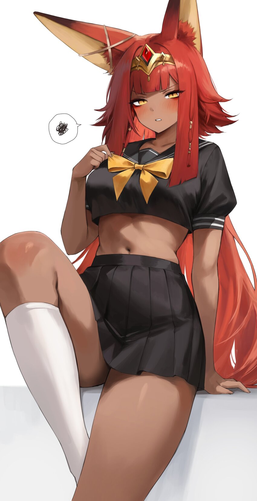 1girl, absurdres, alternate_costume, animal_ear_fluff, animal_ears, arm_support, black_sailor_collar, black_shirt