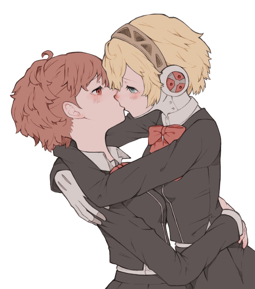 2girls, absurdres, ahoge, aigis_(persona), android, arms_around_neck, arms_around_another's_waist, black_jacket