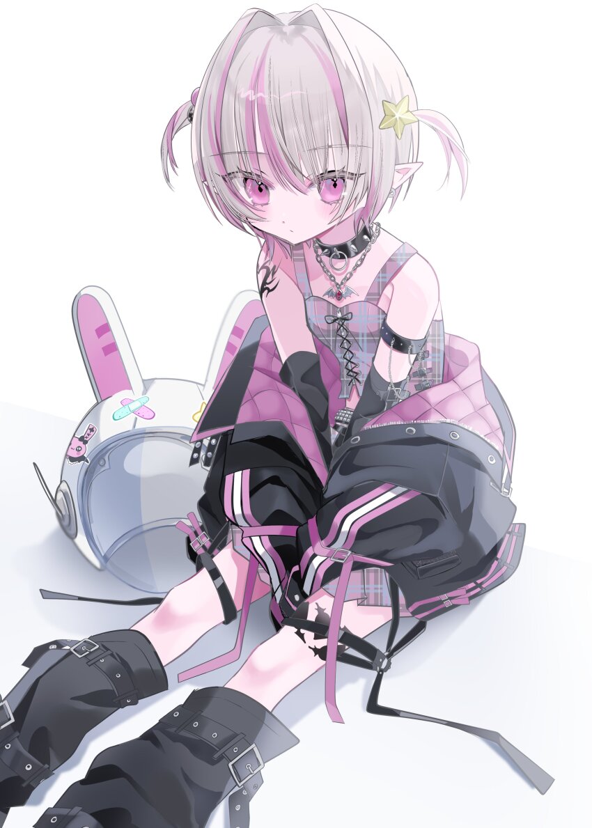 1girl, absurdres, animal_ears, animal_helmet, arm_belt, arm_strap, arm_warmers, bare_shoulders, belt, black_arm_warmers, black_belt, black_collar, black_jacket, black_leg_warmers, black_straps, blunt_bangs, blush, breasts, chain, chain_necklace, clothes_down, collar, collarbone, colored_inner_hair, crop_top, cross-laced_clothes, cross-laced_top, ear_cuffs, expressionless, fake_animal_ears, feet_out_of_frame, grey_hair, hair_bobbles, hair_intakes, hair_ornament, helmet, highres, jacket, jewelry, leg_belt, leg_tattoo, leg_warmers, loose_belt, makaino_ririmu, makaino_ririmu_(6th_costume), midriff, miniskirt, mnerune0, multicolored_hair, necklace, nijisanji, missing_headwear, o-ring, o-ring_thigh_strap, on_floor, open_clothes, open_jacket, outstretched_legs, pendant, pink_belt, pink_hair, pink_jacket, pink_skirt, pink_streaks, plaid_clothes, plaid_skirt, pleated_skirt, pointy_ears, rabbit_ears, red_eyes, short_hair, shoulder_tattoo, simple_background, sitting, skirt, sleeves_past_fingers, sleeves_past_wrists, small_breasts, solo, space_helmet, spiked_collar, spikes, star_(symbol), sticker, streaked_hair, studded_belt, tattoo, thigh_strap, two-sided_fabric, two-sided_jacket, two-tone_hair, two_side_up, unbuttoned, unworn_headwear, unworn_helmet, unzipped, v_arms, virtual_youtuber, white_background, white_helmet, winged_heart, winged_heart_tattoo, wolf_cut, zipper_top