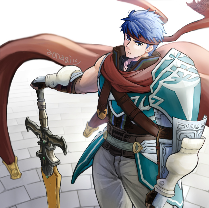 1boy, aonagimay, armor, blue_eyes, blue_hair, cape, fingerless_gloves, fire_emblem