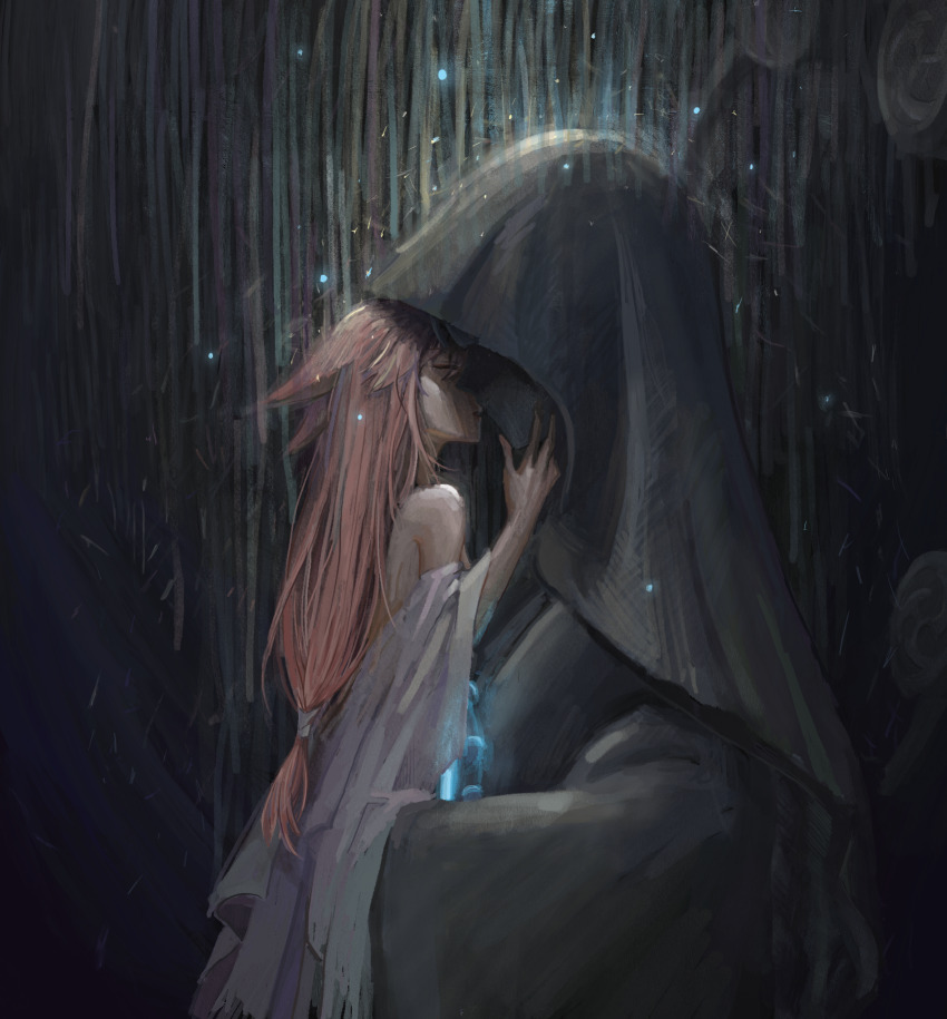 1girl, 52hzdelonely, animal_ears, bare_shoulders, chinese_commentary, closed_eyes, couple, detached_sleeves