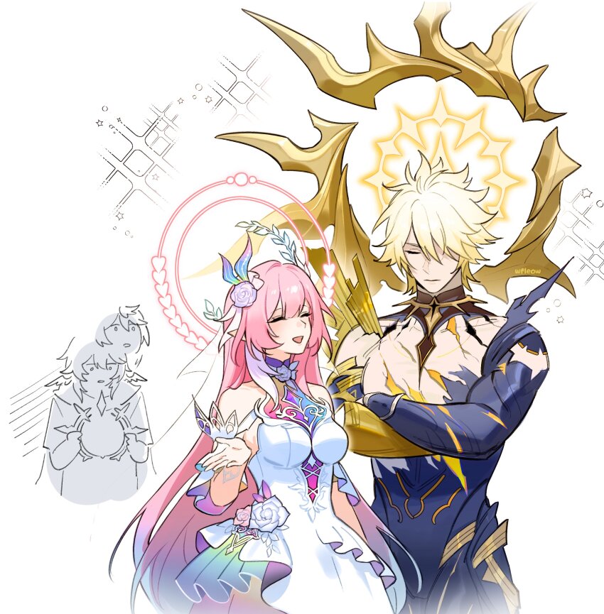 1girl, 2boys, absurdres, bare_shoulders, blonde_hair, cracked_skin, crossed_arms, cyrene_(honkai:_star_rail), cyrene_(demiurge)_(honkai:_star_rail), dress, flower, gold_blood, hair_flower, hair_ornament, halo, hashtag-only_commentary, head_wings, highres, holding_halo, honkai:_star_rail, honkai_(series), long_hair, multiple_boys, phainon_(honkai:_star_rail), phainon_(khaslana)_(honkai:_star_rail), pink_hair, simple_background, smile, sunday_(honkai:_star_rail), topless_male, very_long_hair, wfleow, white_background, white_dress, wings