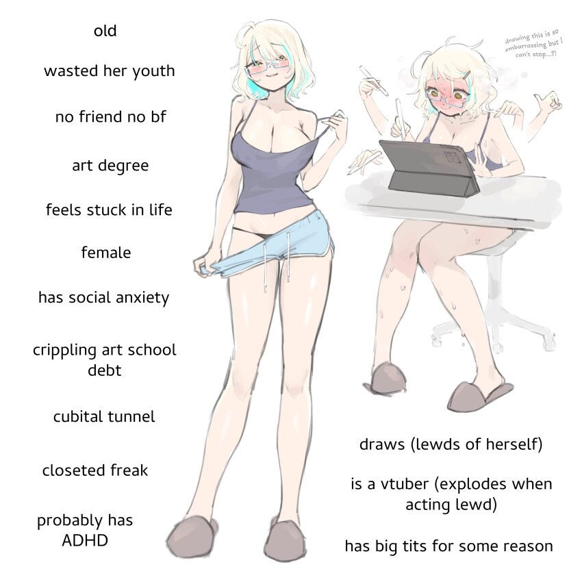 1girl, absurdres, blair_labri, blair_labri_(artist), blonde_hair, breasts, english_text, glasses, highres, indie_virtual_youtuber, large_breasts, short_hair, slippers, virtual_youtuber