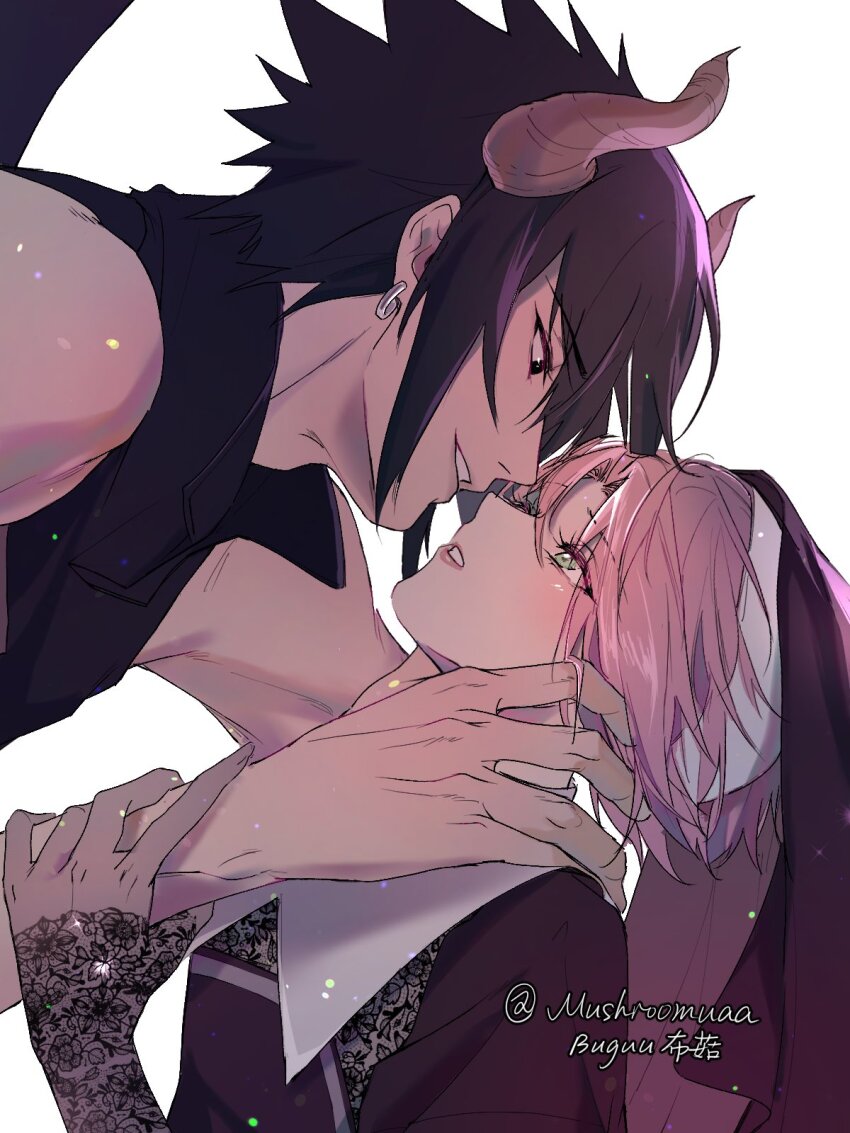 1boy, 1girl, bare_shoulders, black_dress, black_eyes, black_hair, black_vest, blush