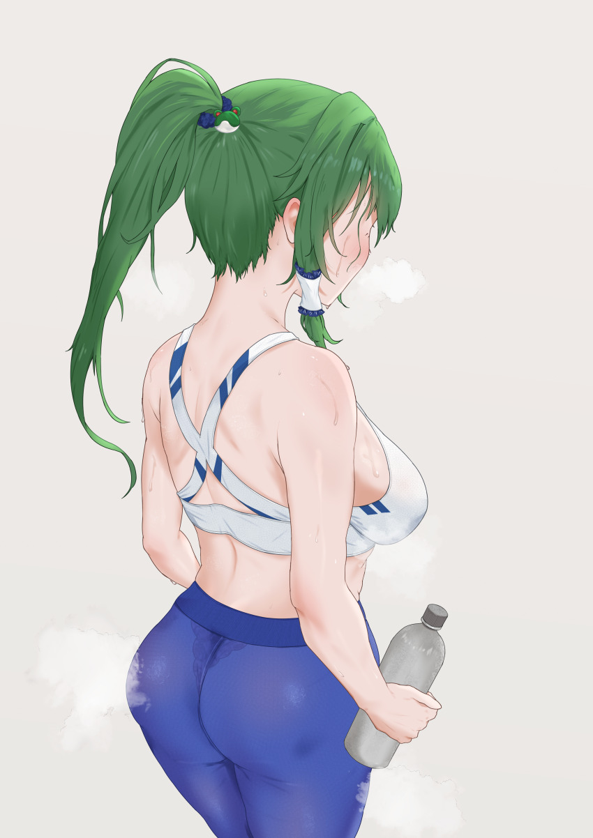 1girl, absurdres, alternate_costume, alternate_hairstyle, ass, back, bare_shoulders, blue_pants