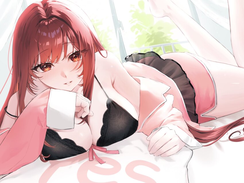 1girl, black_nightgown, breasts, cleavage, goddess_of_victory:_nikke, hair_down, highres, large_breasts, nightgown, official_alternate_costume, official_alternate_design, official_alternate_hair_color, pajamas, pillow, pink_pajamas, rapi_(nikke), rapi_(red_hood)_(cherished_red)_(nikke), rapi_(red_hood)_(nikke), red_hair, sakael, sleepwear, solo