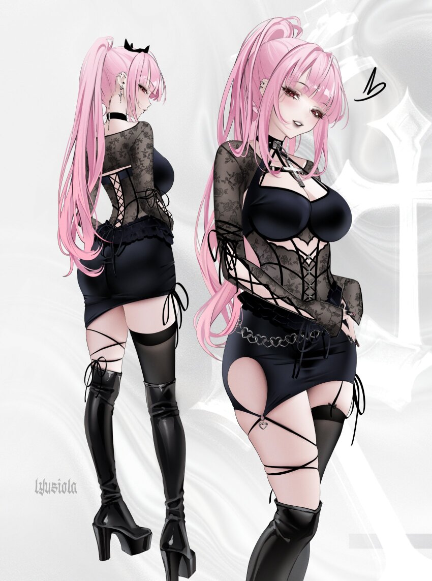 1girl, alternate_costume, black_choker, black_nails, black_shirt, black_skirt, black_thighhighs, blunt_bangs