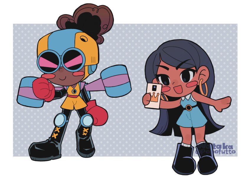 2girls, animification, belt, black_hair, casey_calderon, chibi, dress, earrings