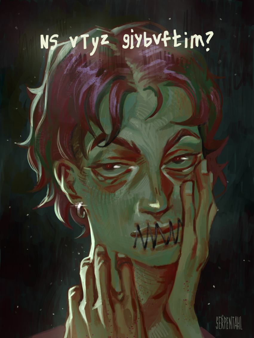 1boy, absurdres, black_eyes, curly_hair, earrings, english_text, exhausted, green_theme