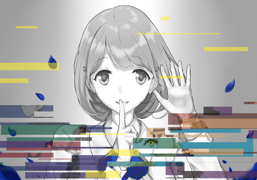 aikawa_miyuu, bob_cut, coat, finger_to_mouth, glitch, gloves, grin, hair_ornament