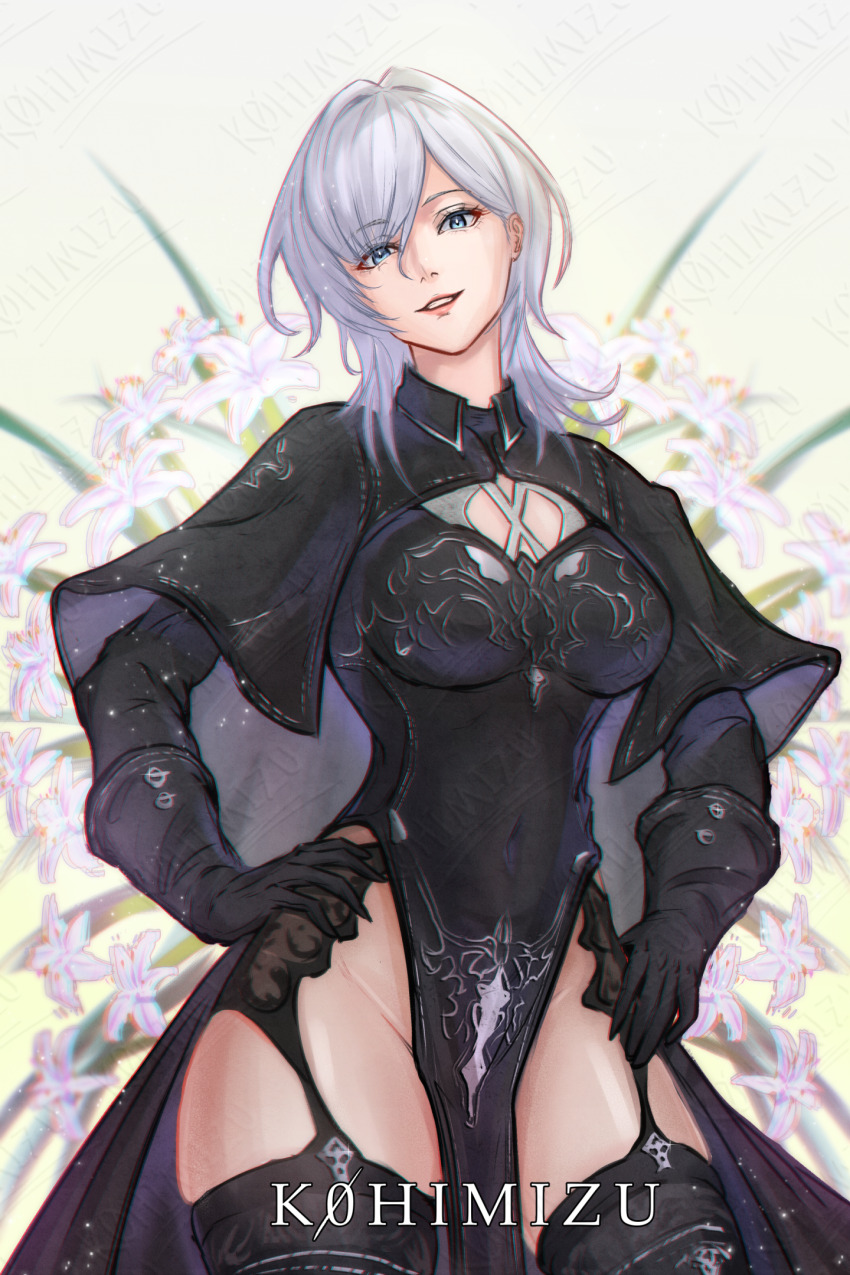 10h_(nier_reincarnation), 1girl, artist_name, black_gloves, breasts, commentary, covered_navel, eyelashes