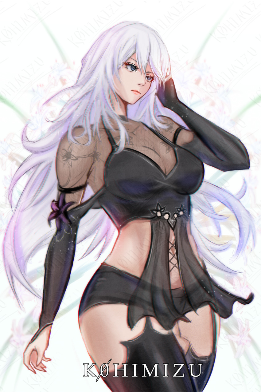 1girl, a2_(nier:automata), android, artist_name, breasts, bridal_gauntlets, closed_mouth, commentary, curvy, english_commentary, expressionless, eyelashes, floating_hair, highres, k0himizu, large_breasts, looking_ahead, nier:automata, nier_(series), nier_reincarnation, official_alternate_costume, pink_lips, solo, standing, white_hair