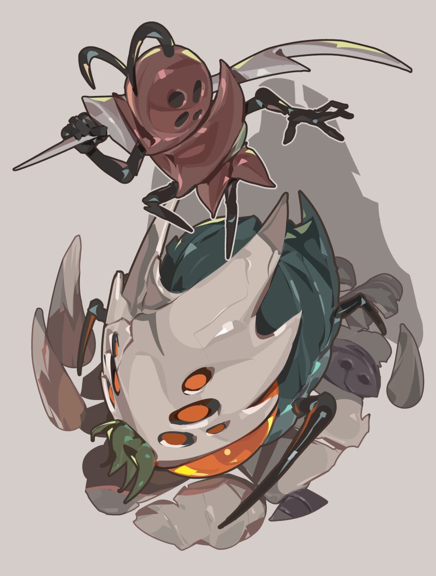 1girl, absurdres, ant_girl, arthropod_girl, black_skin, bluegeyko, colored_skin, god_tamer_(hollow_knight), grey_background, highres, holding, holding_sword, holding_weapon, hollow_knight, orange_eyes, sword, weapon, white_mask