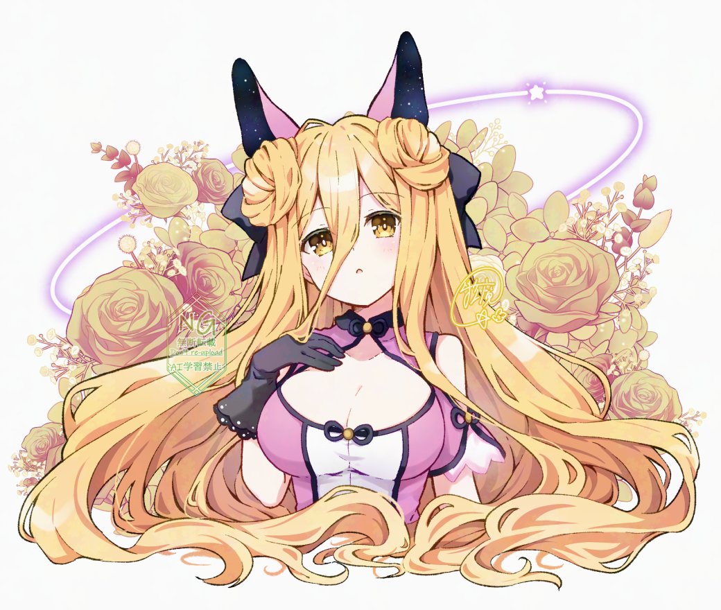 1girl, bare_shoulders, black_gloves, blonde_hair, bow, breasts, cleavage, commentary_request, cropped_torso, date_a_live, double_bun, dress, flower, gloves, hair_between_eyes, hair_bow, hair_bun, hoshibana_anima, hoshimiya_mukuro, hoshimiya_mukuro_(spirit), large_breasts, long_hair, looking_at_viewer, pink_dress, rose, short_dress, solo, very_long_hair, white_background, yellow_eyes