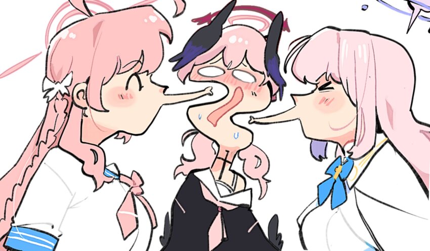 >_<, 3girls, ahoge, black_shirt, black_wings, blank_eyes, blue_archive, blue_bow, blue_bowtie, blush, bow, bowtie, halo, hanako_(blue_archive), head_wings, highres, kinzaibatsu91, koharu_(blue_archive), long_hair, maomao_evading_jinshi's_kiss_(meme), meme, mika_(blue_archive), multiple_girls, neckerchief, open_mouth, pink_hair, pink_halo, pink_neckerchief, puckered_lips, red_halo, shirt, simple_background, white_background, white_shirt, wings, yuri