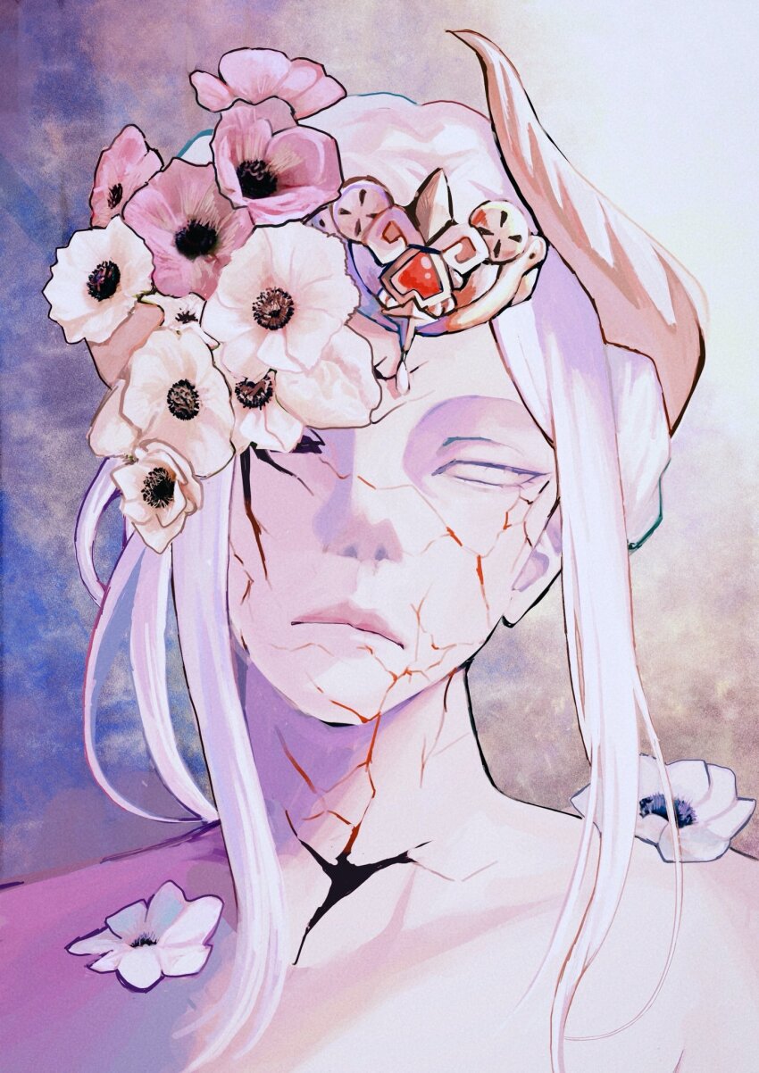 1girl, blank_eyes, closed_mouth, cracked_skin, edelgard_von_hresvelg, fire_emblem, fire_emblem:_three_houses, flower