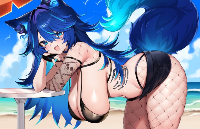 1girl, animal_ear_fluff, animal_ears, beach, bent_over, bikini, black_bikini, black_gloves, blue_eyes, blue_hair, breasts, day, fingerless_gloves, fishnet_pantyhose, fishnets, flaming_ears, gloves, hair_between_eyes, hanging_breasts, hip_tattoo, indie_virtual_youtuber, kaptivate, large_breasts, long_hair, looking_at_viewer, multicolored_hair, navel, open_mouth, outdoors, pantyhose, scar, scar_across_eye, scar_on_face, second-party_source, solo, spite_(vtuber), swimsuit, tail, tattoo, virtual_youtuber, wolf_ears, wolf_girl, wolf_tail
