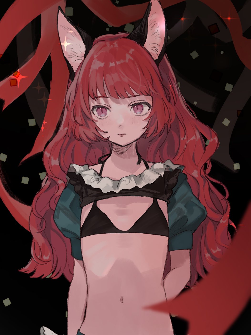 1girl, animal_ear_fluff, animal_ears, arm_behind_back, bikini, black_bikini, black_shrug, blurry