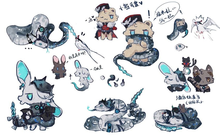 absurdres, alrik822, amiya_(arknights), animalization, aqua_eyes, arknights, elysium_(arknights), highres, jacket, looking_at_viewer, mantra_(arknights), rabbit, snake