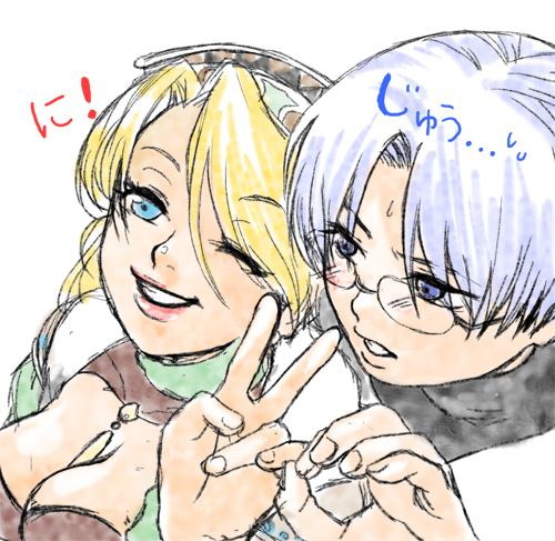 1boy, 1girl, aira129, atelier_(series), atelier_marie, black-framed_eyewear, blonde_hair, blue_eyes