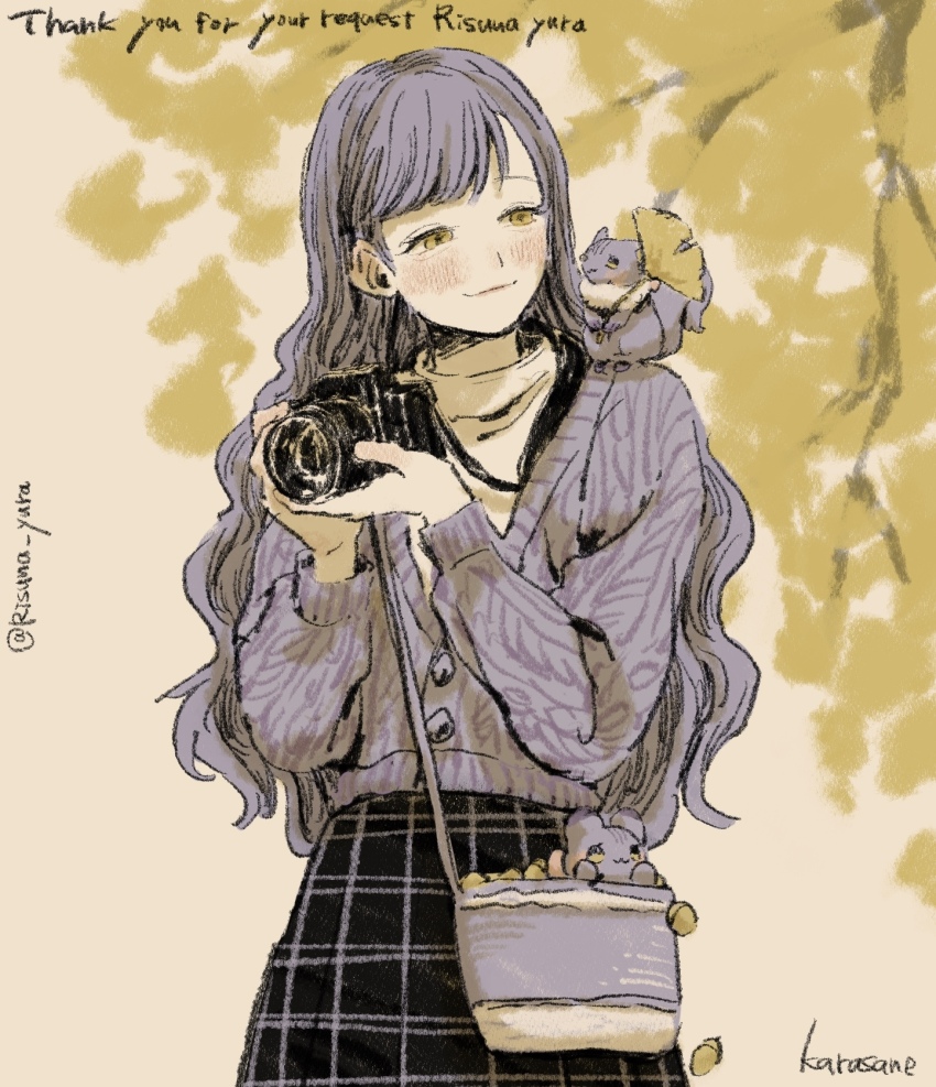 1girl, acorn, artist_name, autumn_leaves, bag, black_skirt, blush, camera