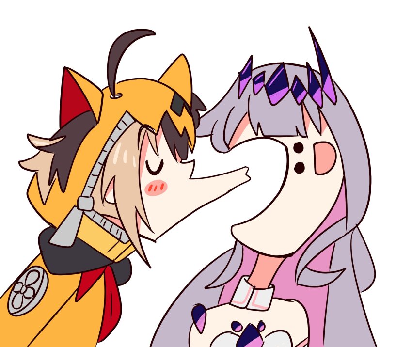 2girls, :d, alin_laphel, blush_stickers, brown_hair, circlet, colored_inner_hair, commentary, dodging, english_commentary, gigi_murin, gigi_murin_(1st_costume), grey_hair, hair_through_hood, highres, hololive, hololive_english, hood, hood_up, hooded_shrug, koseki_bijou, koseki_bijou_(1st_costume), long_hair, long_sleeves, looking_at_viewer, maomao_evading_jinshi's_kiss_(meme), meme, multicolored_hair, multiple_girls, open_mouth, orange_shrug, pink_hair, profile, puckered_lips, shrug_(clothing), simple_background, smile, solid_circle_eyes, standing, toon_(style), twintails, two-tone_hair, upper_body, virtual_youtuber, white_background, yuri, zipper, zipper_pull_tab