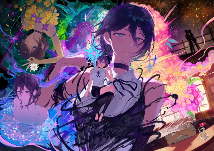 1girl, absurdres, black_choker, black_ribbon, chainsaw_man, choker, collared_shirt, explosion