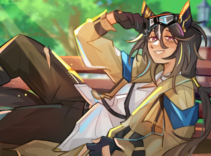 1girl, absurdres, animal_ears, bench, black_gloves, black_pants, brown_hair, coat