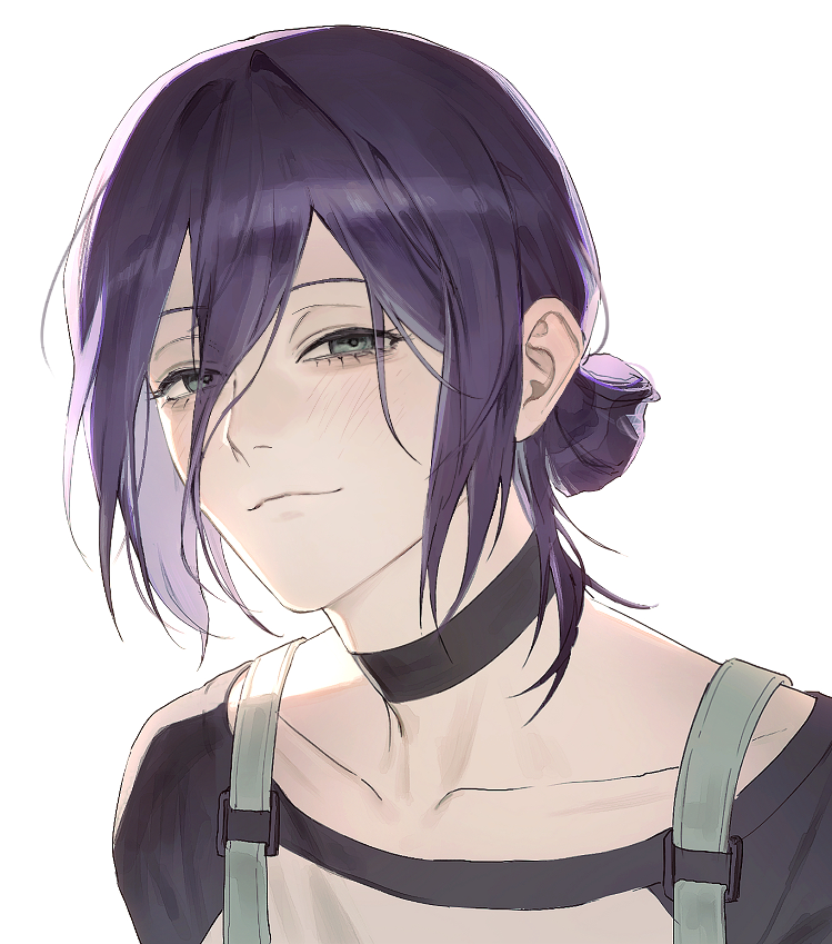 1girl, apron, black_choker, chainsaw_man, chhiii_o_o, choker, green_eyes, hair_between_eyes