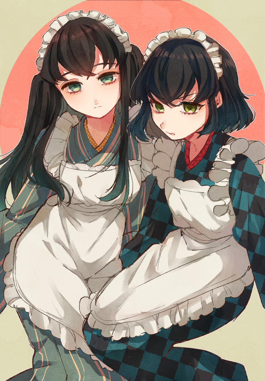 2boys, absurdres, apron, aqua_hair, black_hair, checkered_clothes, closed_mouth, crossdressing