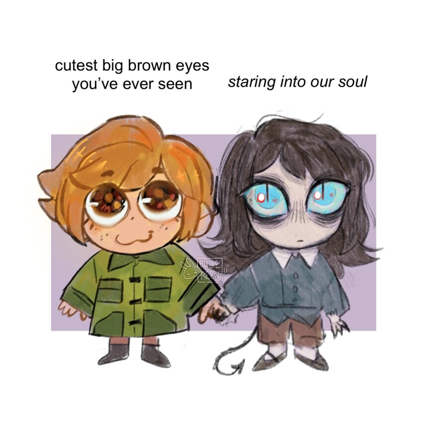 :3, abaddon_(haunted_hotel), abaddon_(human)_(haunted_hotel), bags_under_eyes, blue_shirt, brown_eyes, brown_hair, chibi