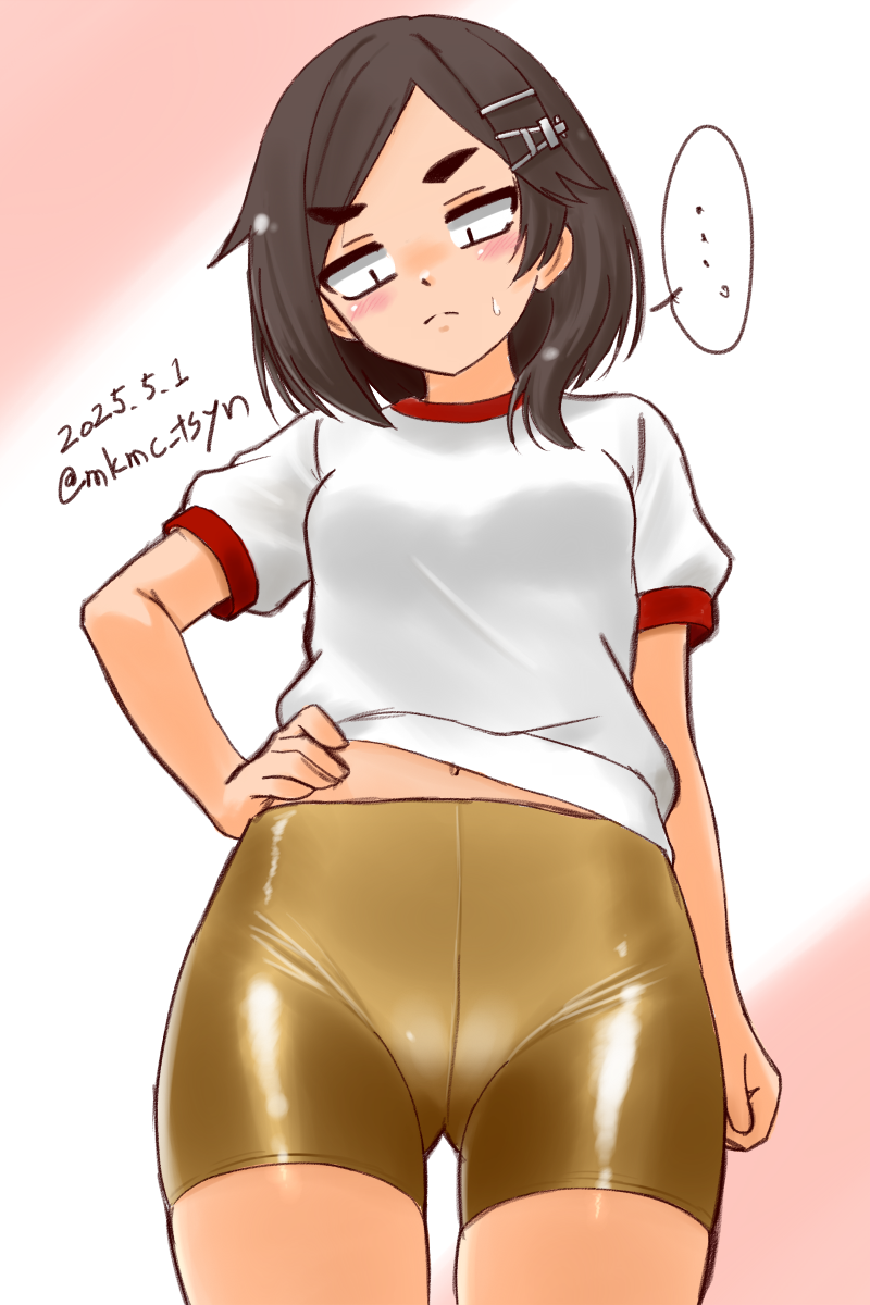 1girl, alternate_costume, bike_shorts, black_hair, dated, from_below, gold_shorts, gym_shirt, gym_uniform, hair_ornament, hairclip, hand_on_own_hip, highres, jitome, kantai_collection, kuroshio_(kancolle), looking_down, one-hour_drawing_challenge, shirt, short_hair, solo, squiggle, t-shirt, tasogare_yanio, twitter_username, white_shirt