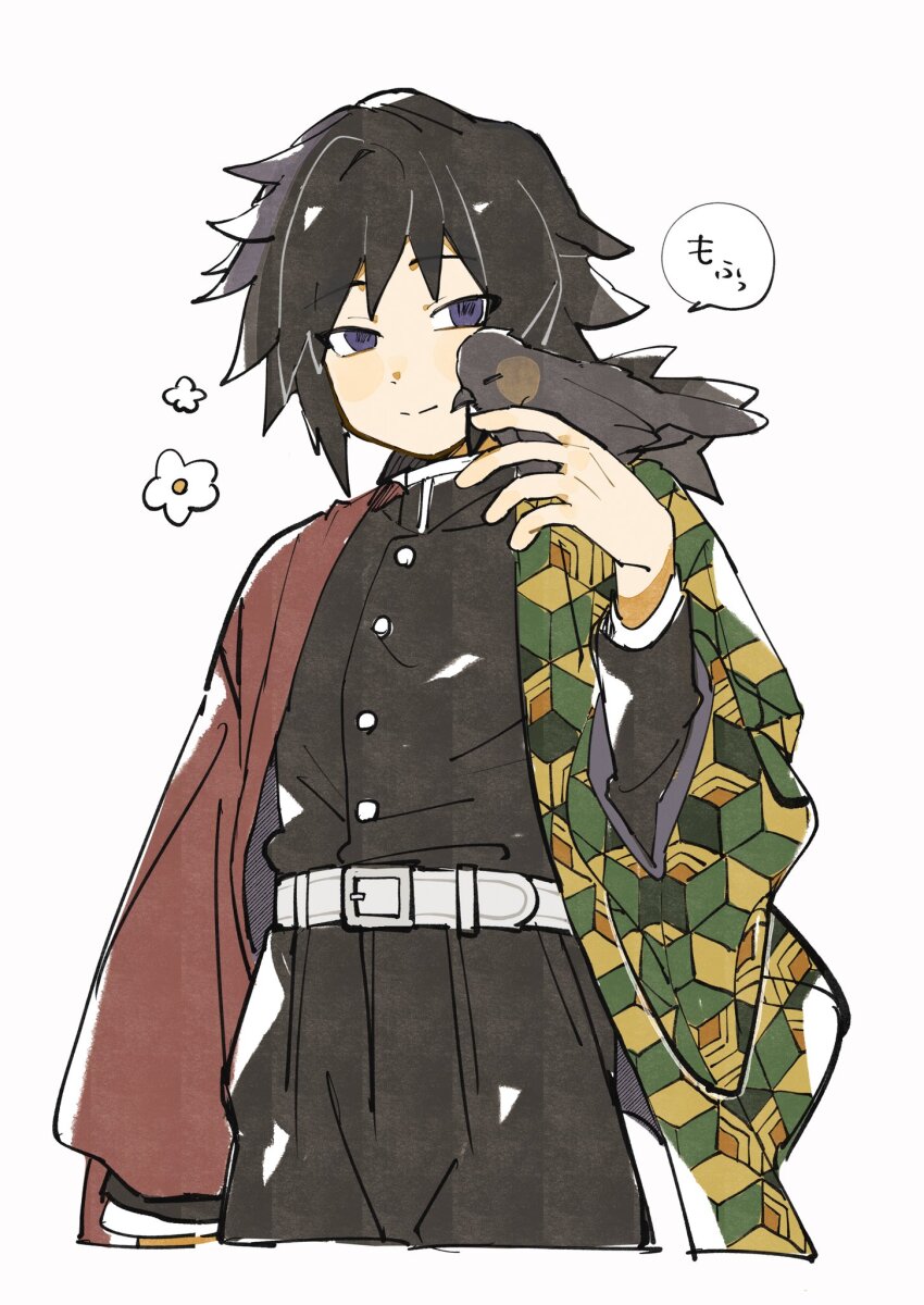 1boy, belt, bird, black_hair, black_jacket, black_pants, blue_eyes, buttons