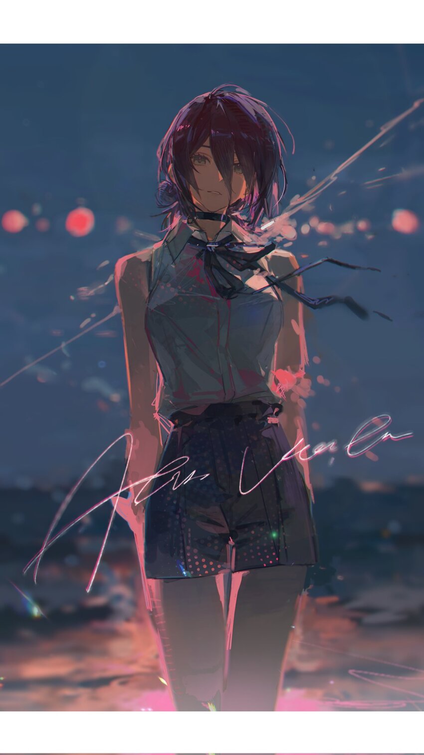 1girl, black_choker, black_ribbon, black_shorts, chainsaw_man, choker, doveop, grenade_pin