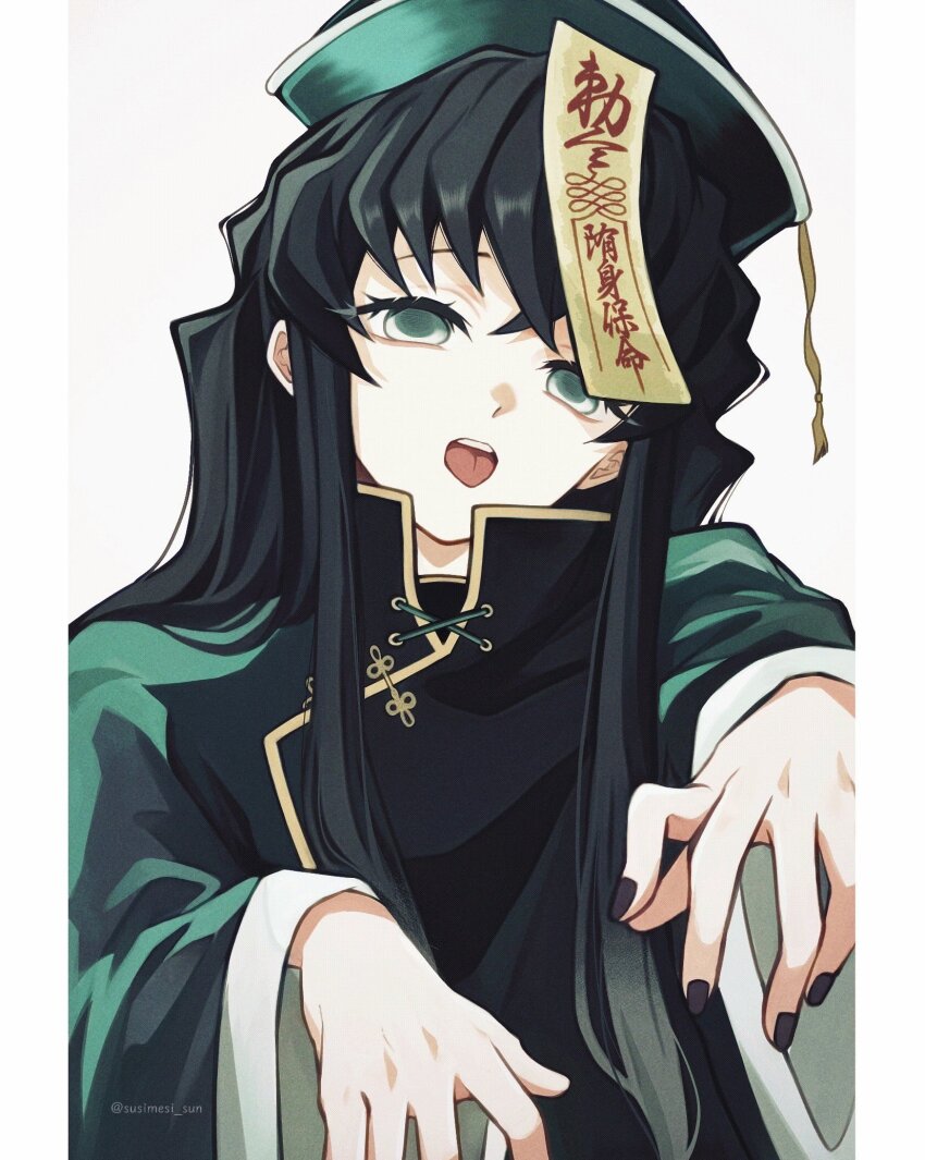 1boy, alternate_costume, aqua_eyes, black_hair, black_nails, chinese_clothes, fingernails, gradient_hair