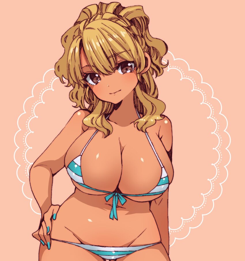 1girl, bikini, blonde_hair, breasts, brown_eyes, dark-skinned_female, dark_skin, food_court_de_mata_ashita