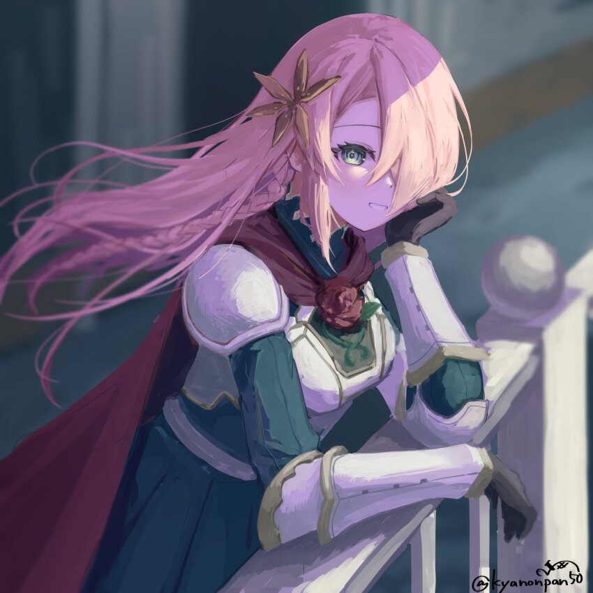 1girl, absurdres, adah_(grimms_notes), adah_(shinsei)_(grimms_notes), black_gloves, blonde_hair, cape, floating_hair, gloves, green_eyes, grimms_notes, grin, hair_over_one_eye, head_rest, highres, kyanonpan50, long_hair, looking_at_viewer, red_cape, smile, solo, twitter_username, vambraces