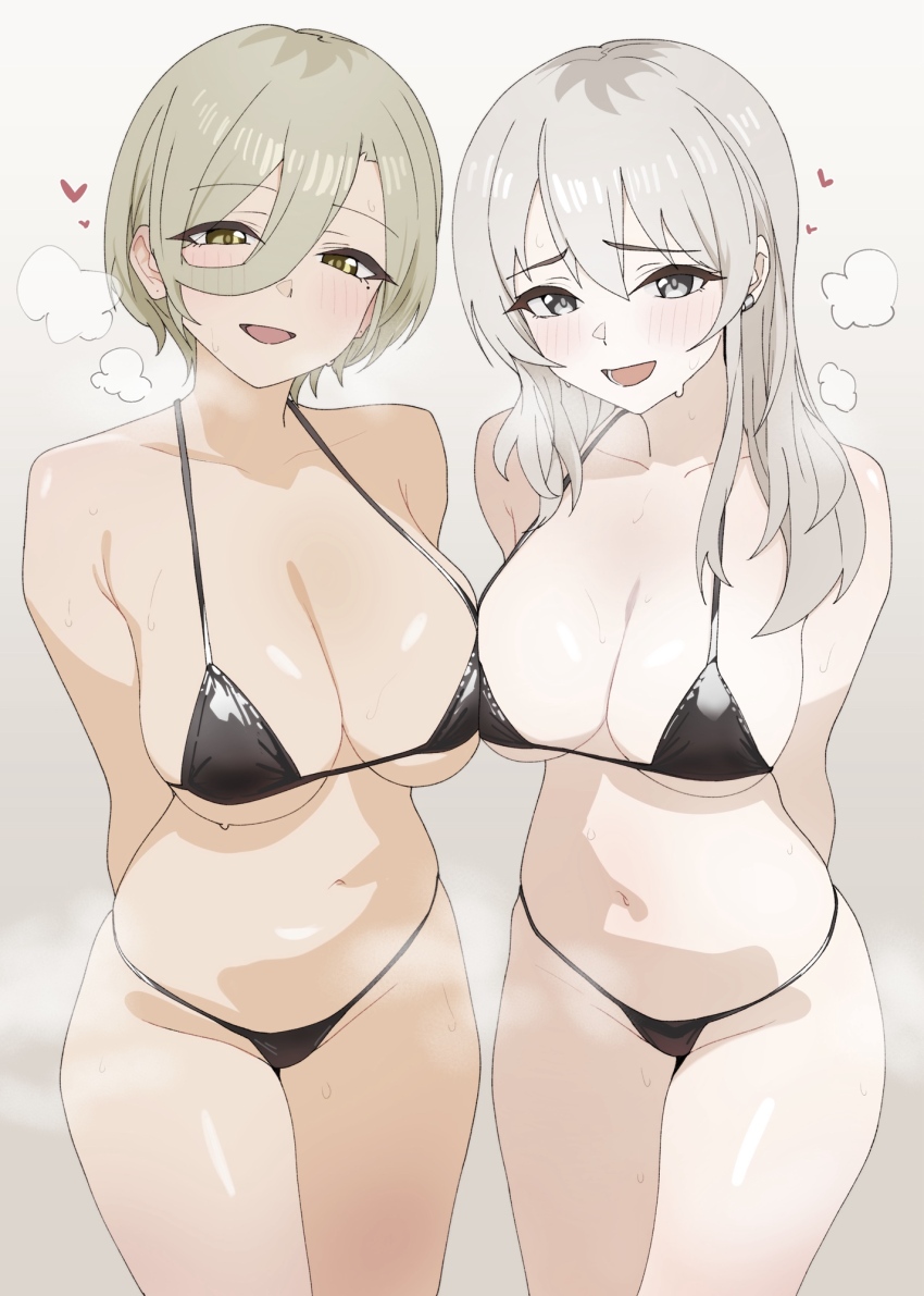 2girls, arms_behind_back, bikini, black_bikini, breasts, brown_eyes, collarbone, cowboy_shot