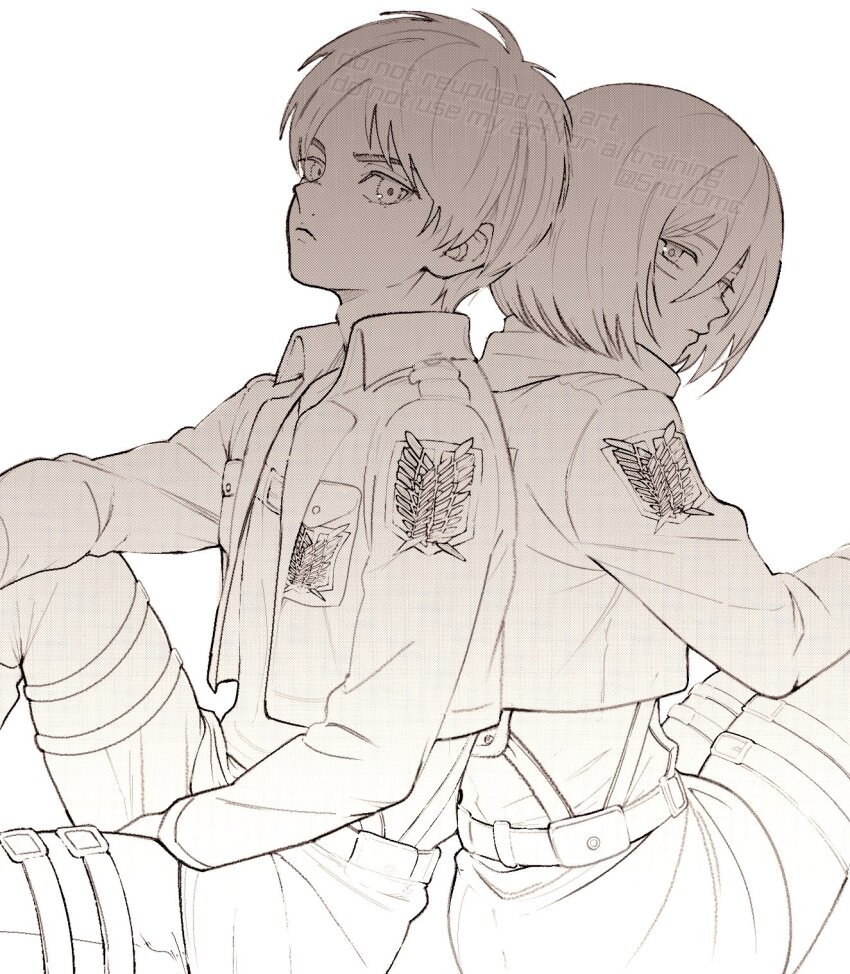 1boy, 1girl, 5nd_0mc, back-to-back, closed_mouth, cropped_jacket, eren_yeager, facial_scar