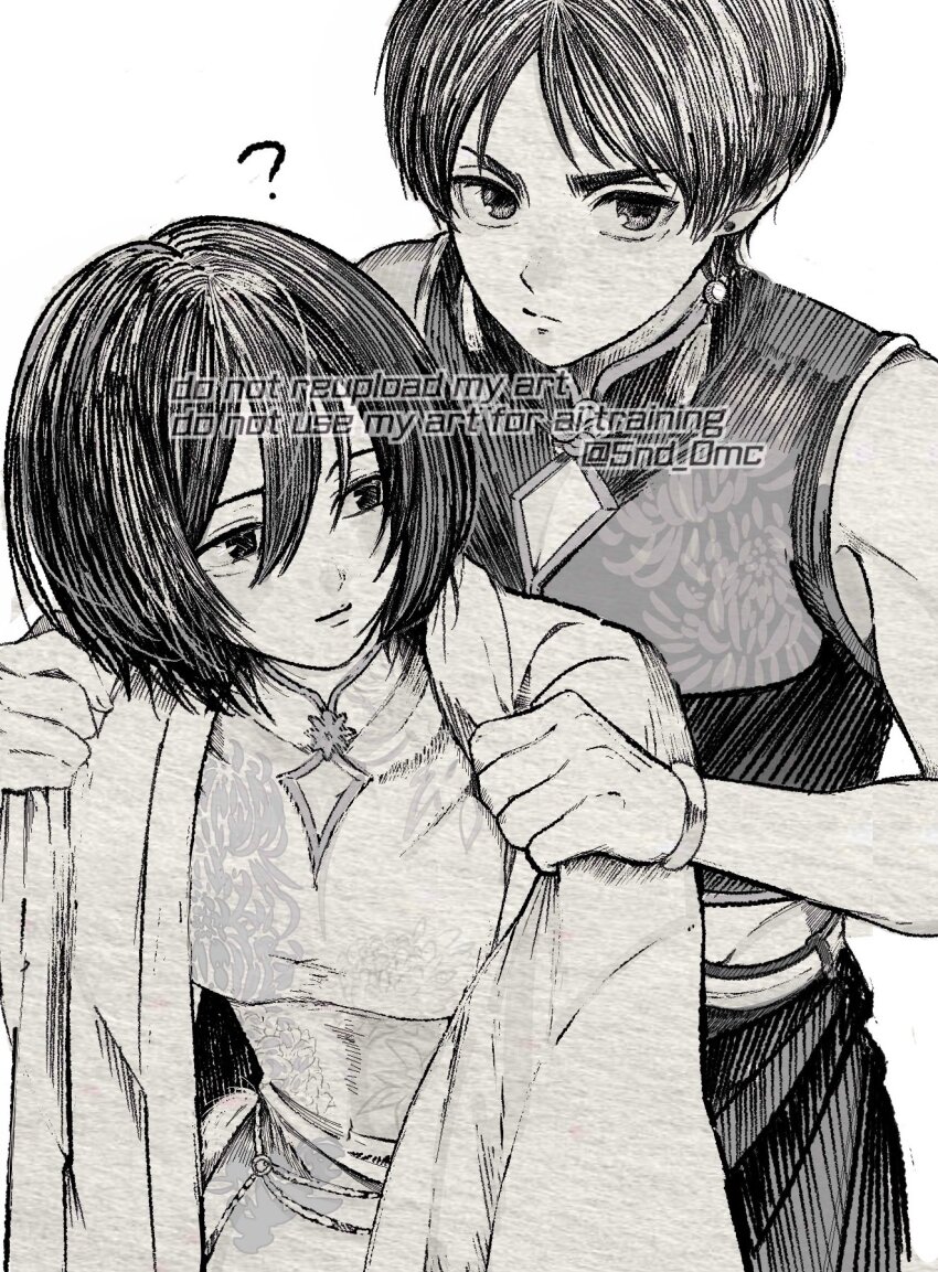 1boy, 1girl, 5nd_0mc, ?, alternate_costume, bangle, bare_shoulders, black_hair