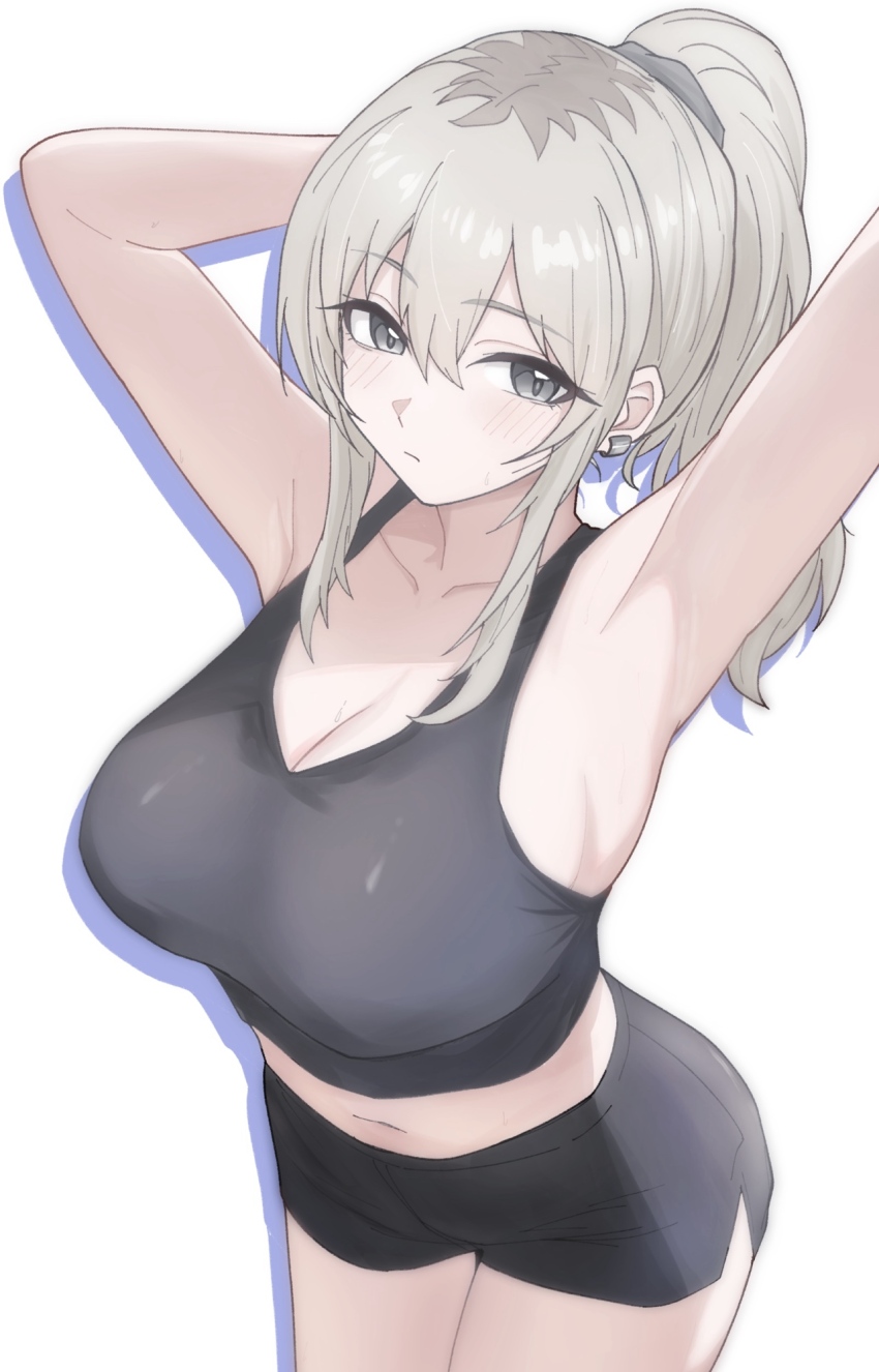 1girl, armpit_focus, armpits, arms_up, black_shorts, black_sports_bra, breasts, cleavage, closed_mouth, drop_shadow, earclip, girls_band_cry, grey_eyes, grey_hair, hair_between_eyes, hanekuri_(nnainain), highres, kawaragi_momoka, large_breasts, long_hair, midriff, multicolored_hair, navel, ponytail, presenting_armpit, roots_(hair), shorts, simple_background, solo, sports_bra, sweat, white_background