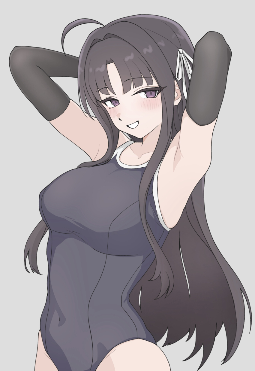 1girl, ahoge, armpits, arms_up, awa_subaru, black_gloves, black_hair, blue_one-piece_swimsuit