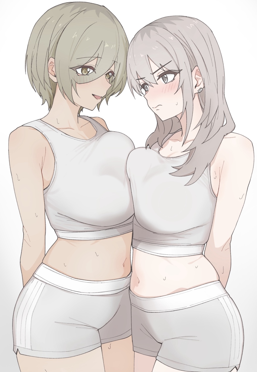 2girls, asymmetrical_docking, blush, breast_press, breasts, brown_eyes, brown_hair, closed_mouth