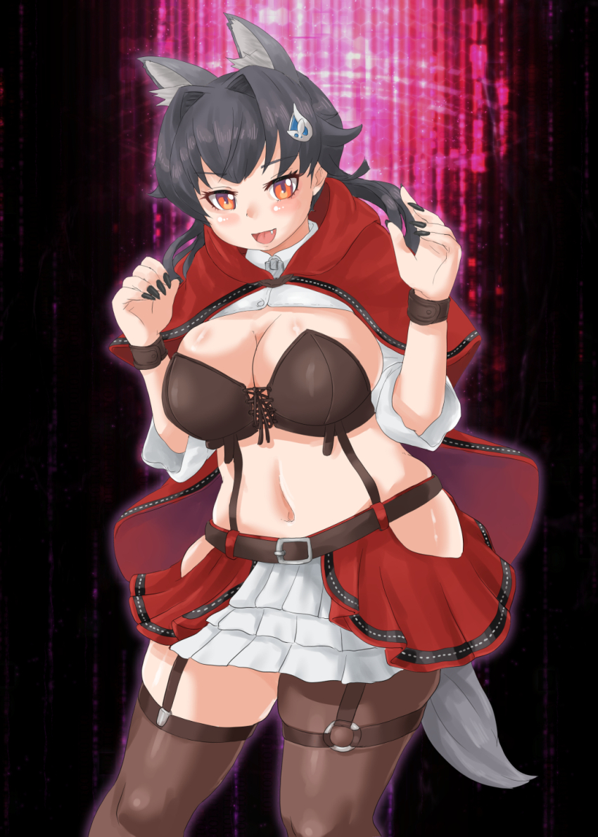 1girl, animal_costume, animal_ears, black_hair, black_pantyhose, black_thighhighs, bobabo, breasts