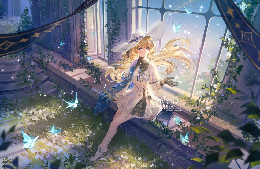 1girl, absurdres, black_collar, black_gloves, blonde_hair, blue_butterfly, blue_eyes, blue_sash