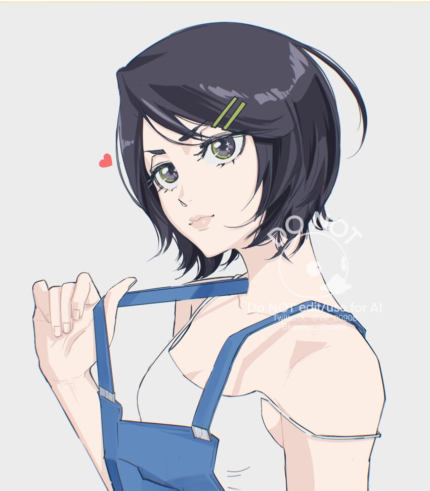 1girl, bare_shoulders, black_hair, bleach, blue_overalls, bluesky_username, breasts, camisole